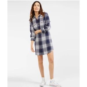 Outerknown Blanket Shirt Plaid Navy and White Long Sleeve Button Up Dress